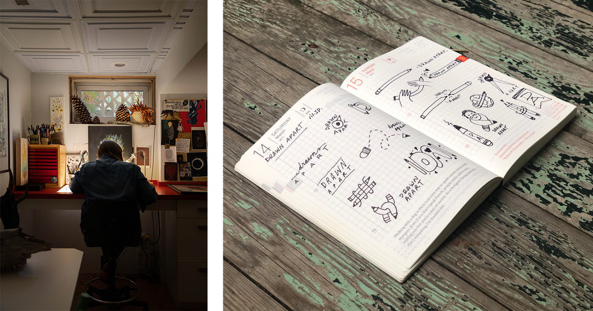two images: Amanda sketching concepts at her basement studio (L); Sketchbook opened to random page, featuring concepts for "Drawn Apart" project (R)