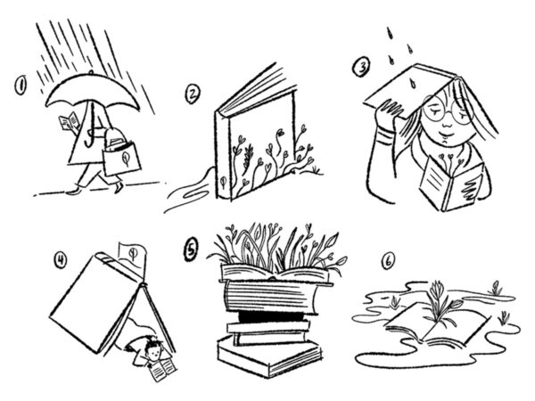 Sketch concepts for Athabasca University Press graphics: reading in the rain; book covered in natural overgrowth; child using book as umbrella; child reading in tent; plants sprouting from open book; book floating downstream
