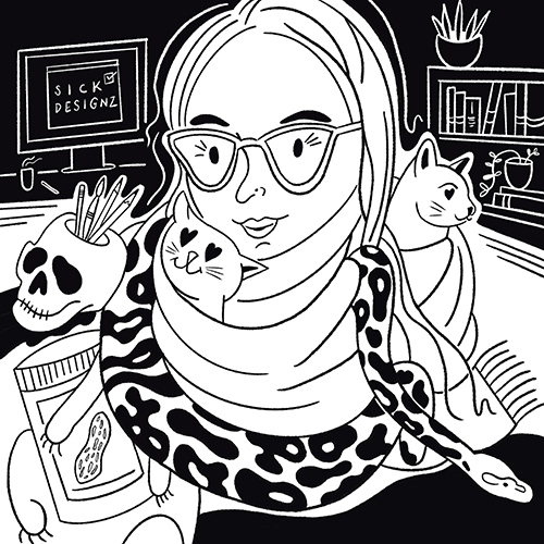 An illustration of Jayden with some of her many scarves, books, cats, and spooky ephemera